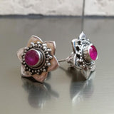 Ruby pink stone studded flower studs