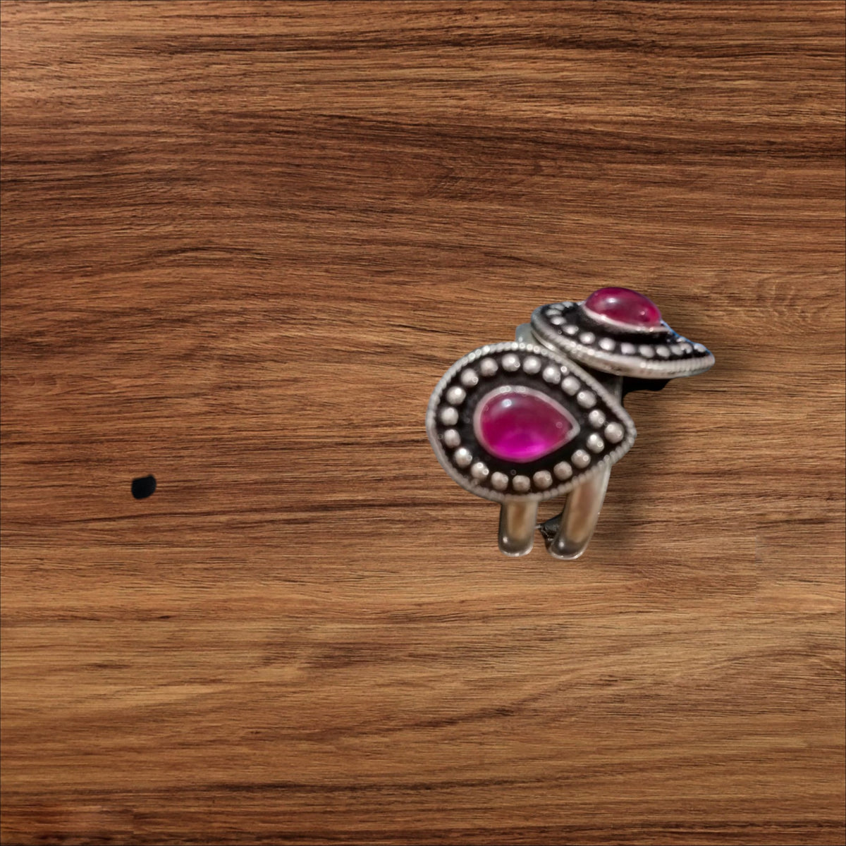 Ruby pink cut stone oxidised silver toe rings